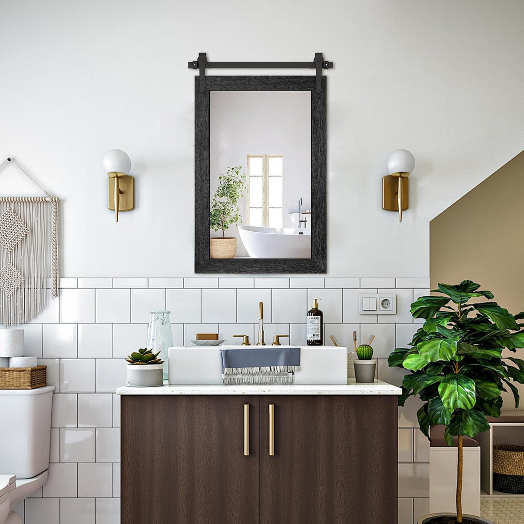 Farmhouse Bathroom Mirrors 26'x40' Black Rustic Wall Decor Mirror for Vanity Barn Door Style Wall Mirror for Entryway Living Room