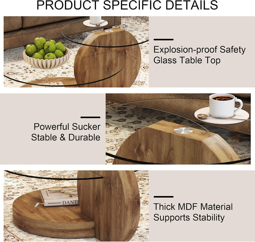 Modern Glass Coffee Table,Small Round Coffee Tables, 42' 3-Tier Circle Wood Coffee Table for Living Room Rustic Circle Center Cocktail Table with Tempered Glass, Unique Accent Table for Small Spaces
