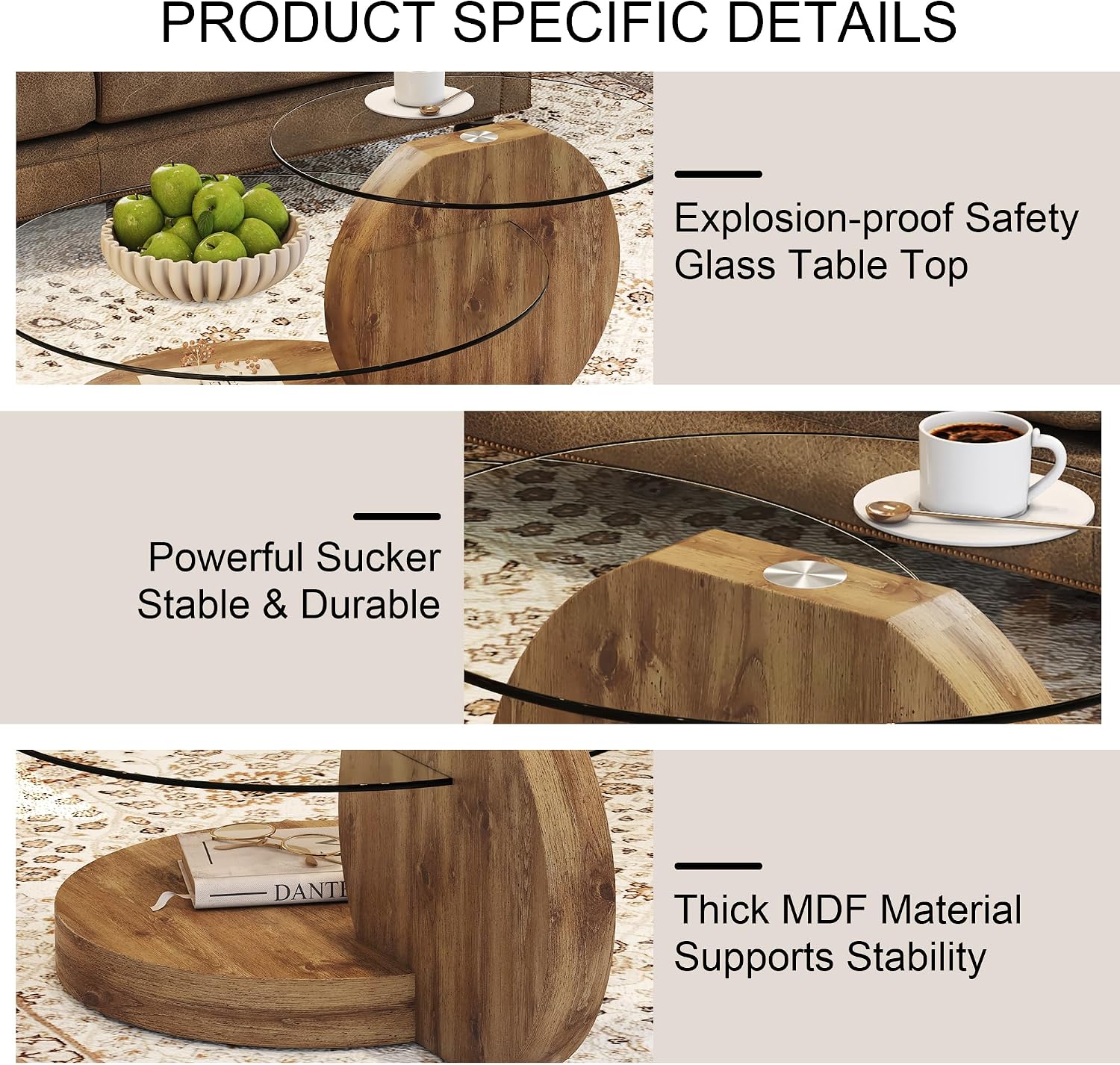 Modern Glass Coffee Table,Small Round Coffee Tables, 42' 3-Tier Circle Wood Coffee Table for Living Room Rustic Circle Center Cocktail Table with Tempered Glass, Unique Accent Table for Small Spaces