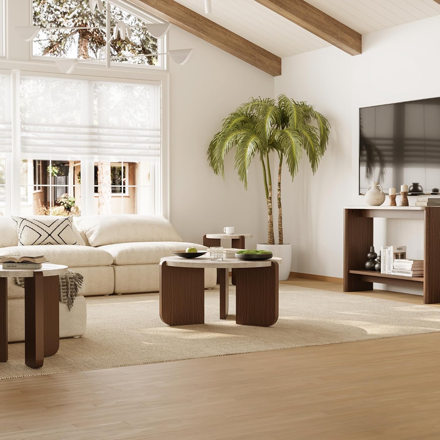 HOMPUS 31.5' Farmhouse Round Coffee Table, Wooden Coffee Table with Faux Marble Tabletop, Modern Living Room Circle Center Table, End Table for Living Room, Apartment, Easy Assembly (White + Brown)