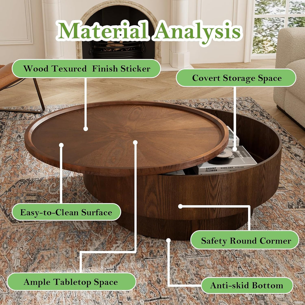 30.7' Round Coffee Table with Storage Modern Stylish Circle Storages Coffee Table with Solid Wood Veneered for Living Room Study Balcony Farmhouse (Circle Storage Table 30.7in)