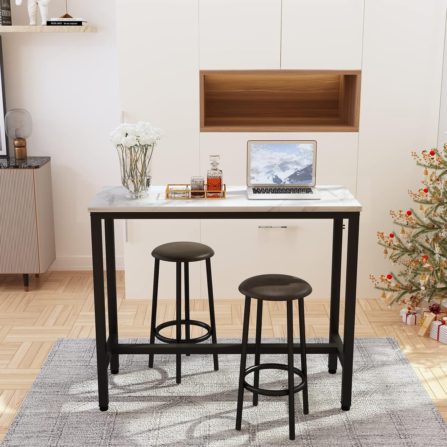 AWQM 47.2' Bar Table Set of 2,Faux Marble Pub Height Table and Chairs Set of 2 with Upholstered Stools,3 Piece Bar Table and Chairs Set Dining Table Set for Living Room,Kitchen,Bar,White & Brown