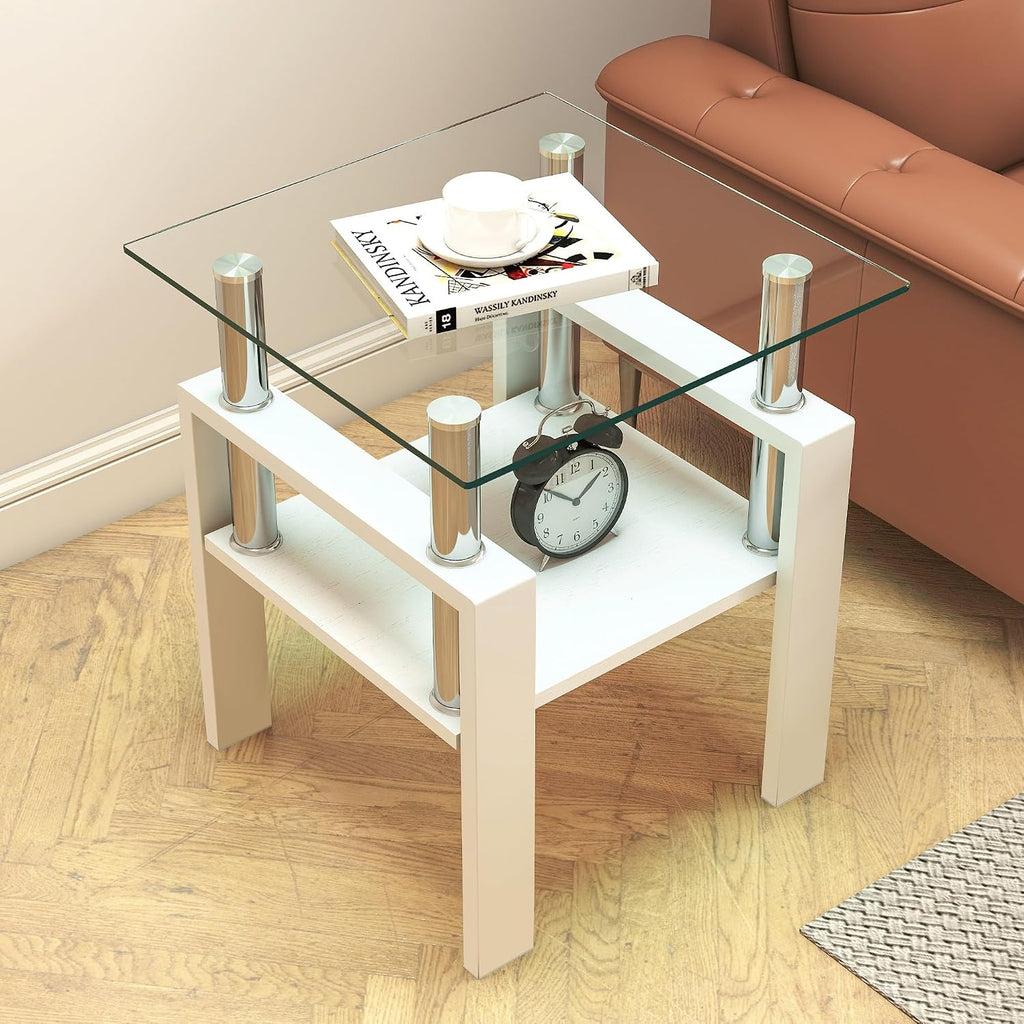 White Glass Coffee Table Sets of 3 for Living Room, Mordern End Table Sofa Side Tables, Metal Leg and Wood Storage 2 Tier, Rectangle