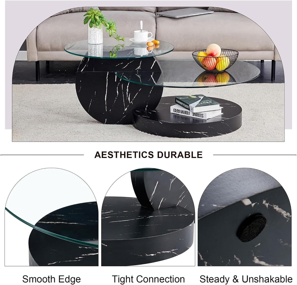 Glass Coffee Table, Modern Round Clear Coffee Tables for Living Room, 3-Tier Circle Tempered Coffee Table with Storage Wooden Side Table for Home Bedroom Balcony Yard (Black, Small)