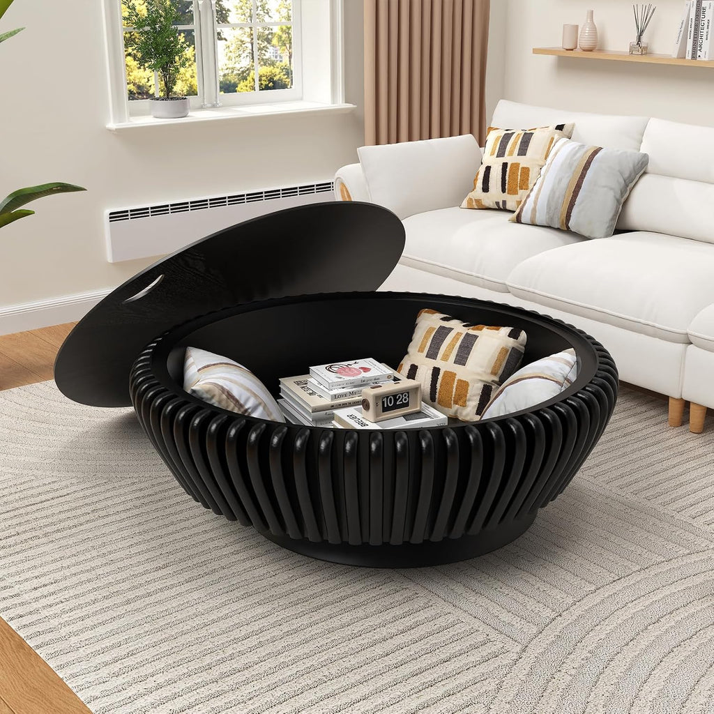Round Fluted Coffee Table with Storage, 35.4' Wooden Drum Coffee Table, Modern Circle Center Accent Furniture, Tea Table for Living Room Apartment Small Space (Black, 35.4' with Storage)
