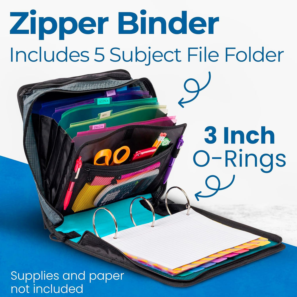 Case-it Mighty Zip Tab School Zipper Binder | 3-Inch O-Rings, 600-Sheet Capacity, 5-Subject Expanding File Folder, Multiple Pockets & Storage Organizer, Shoulder Strap | D-146 Spearmint | 6 Pack