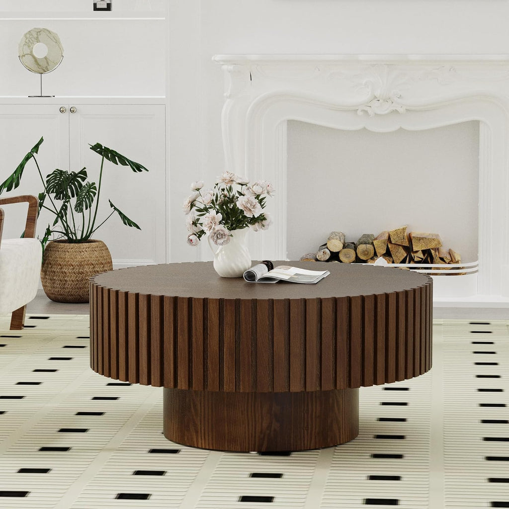 Round Fluted Coffee Table Round Drum Coffee Table for Living Room Modern Circular Pedestal Center Table (Circle Brown 31.5in)