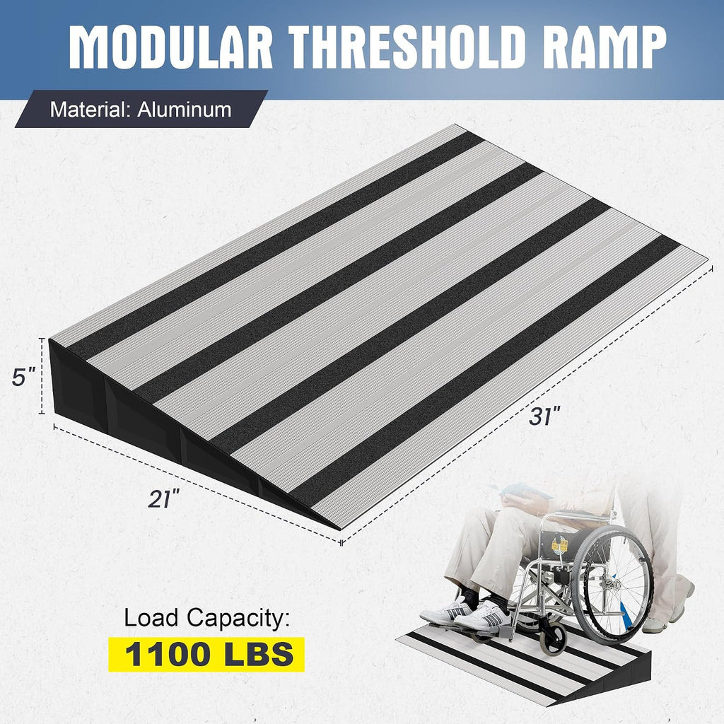 5' Rise Modular Threshold Ramp for Doorways, Stable Wheelchair Ramp for Home Steps, Aluminum Door Ramp and Curb Ramp for Scooters, Power Chairs, Cars, 1100LBS Load Capacity