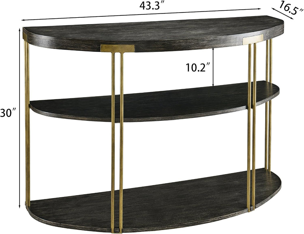 Biaco Black Modern Console Table for Entryway, 3-Tier Half Moon Industrial Wall Table, Hallway Half Circle Accent Wood Entry Table, Vintage Retro Design, Birch Veneer Textured Top & Gold Metal Legs