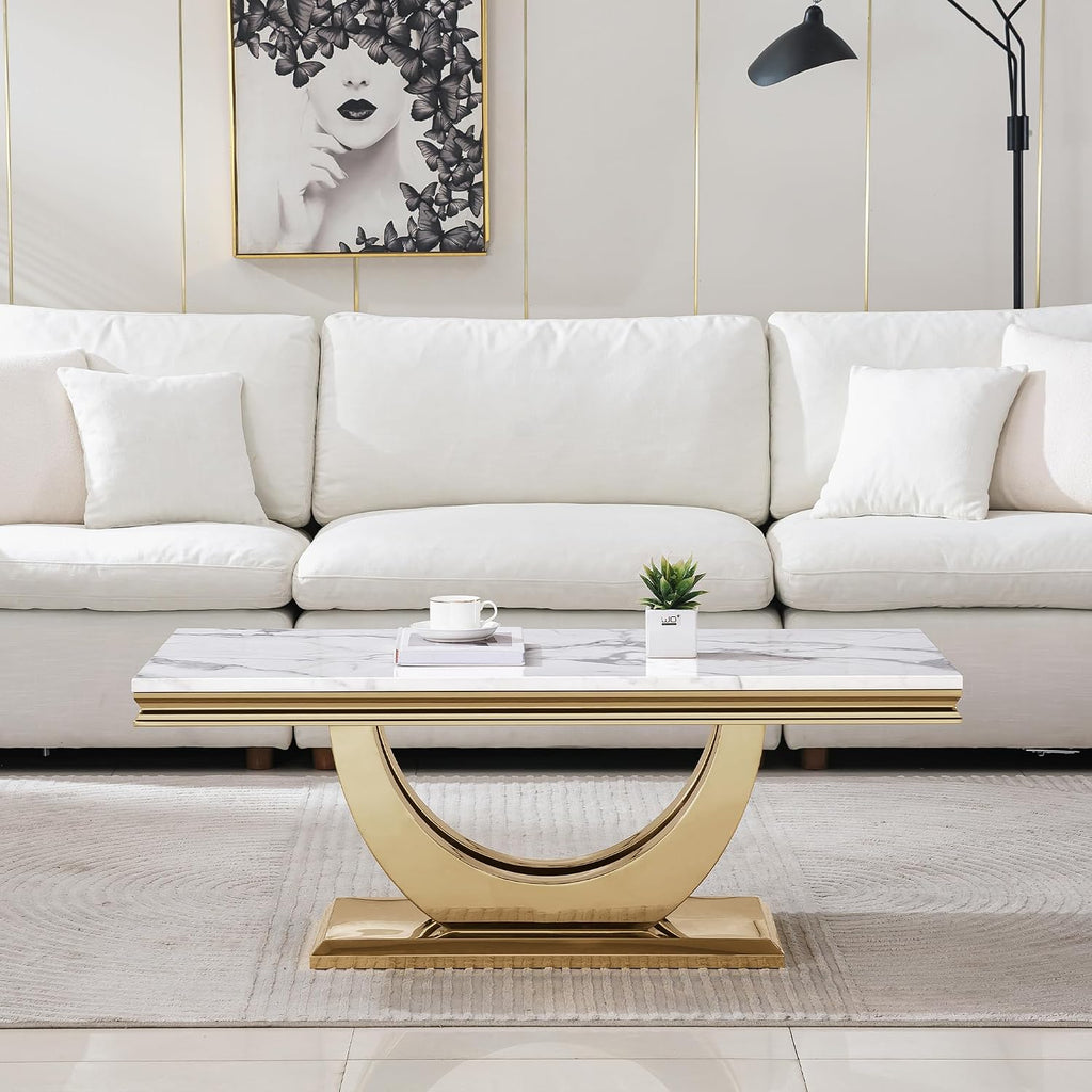 2-Piece Living Room Table Set, Faux Marble Coffee Table Set of 2 with U Stainless Steel Base, White and Gold Coffee and End Table Set, Modern Home Living Furniture