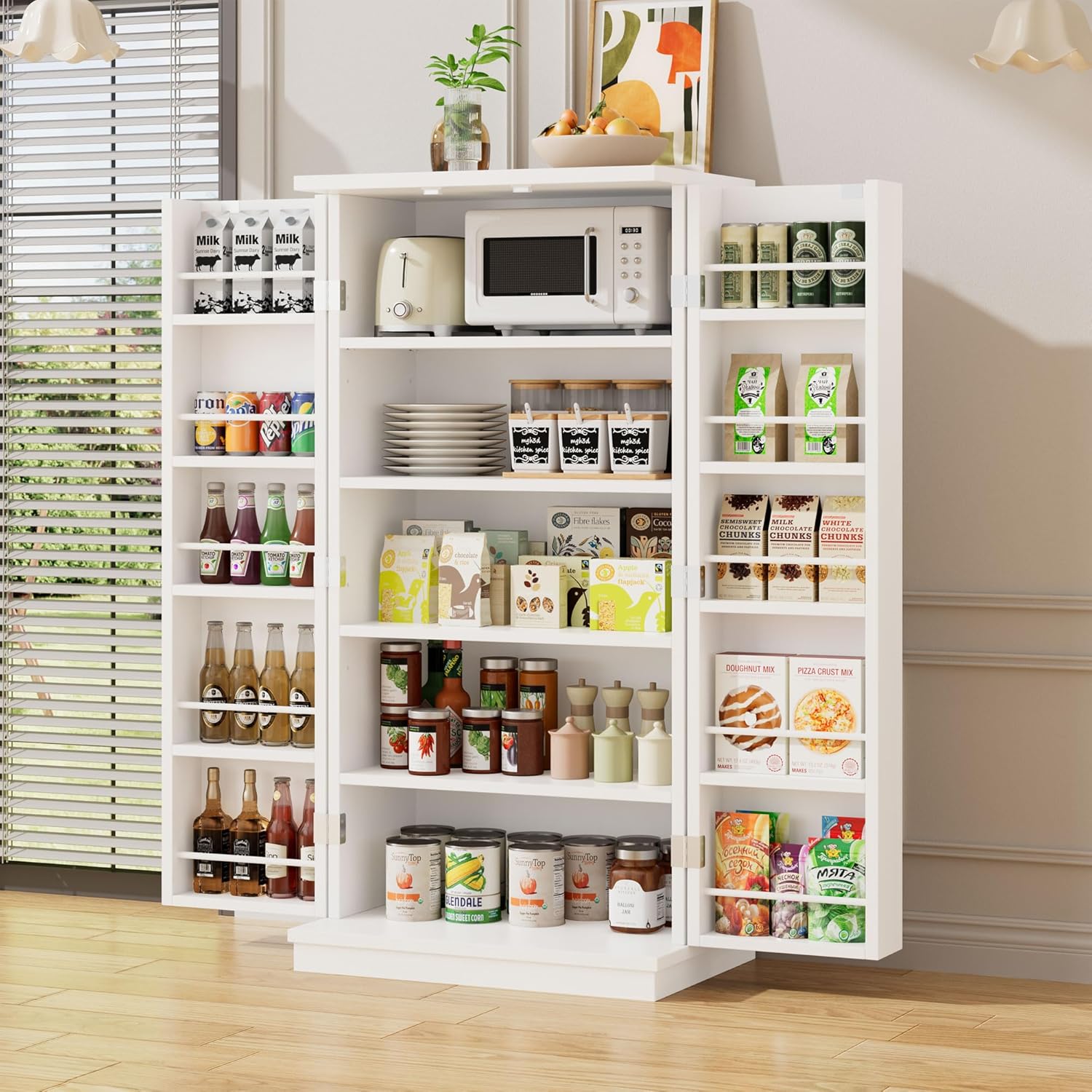 47in Kitchen Pantry Cabinet, Wood Kitchen Storage Pantry Cabinets Freestanding Pantries Cabinets with Doors & Adjustable Shelves, White