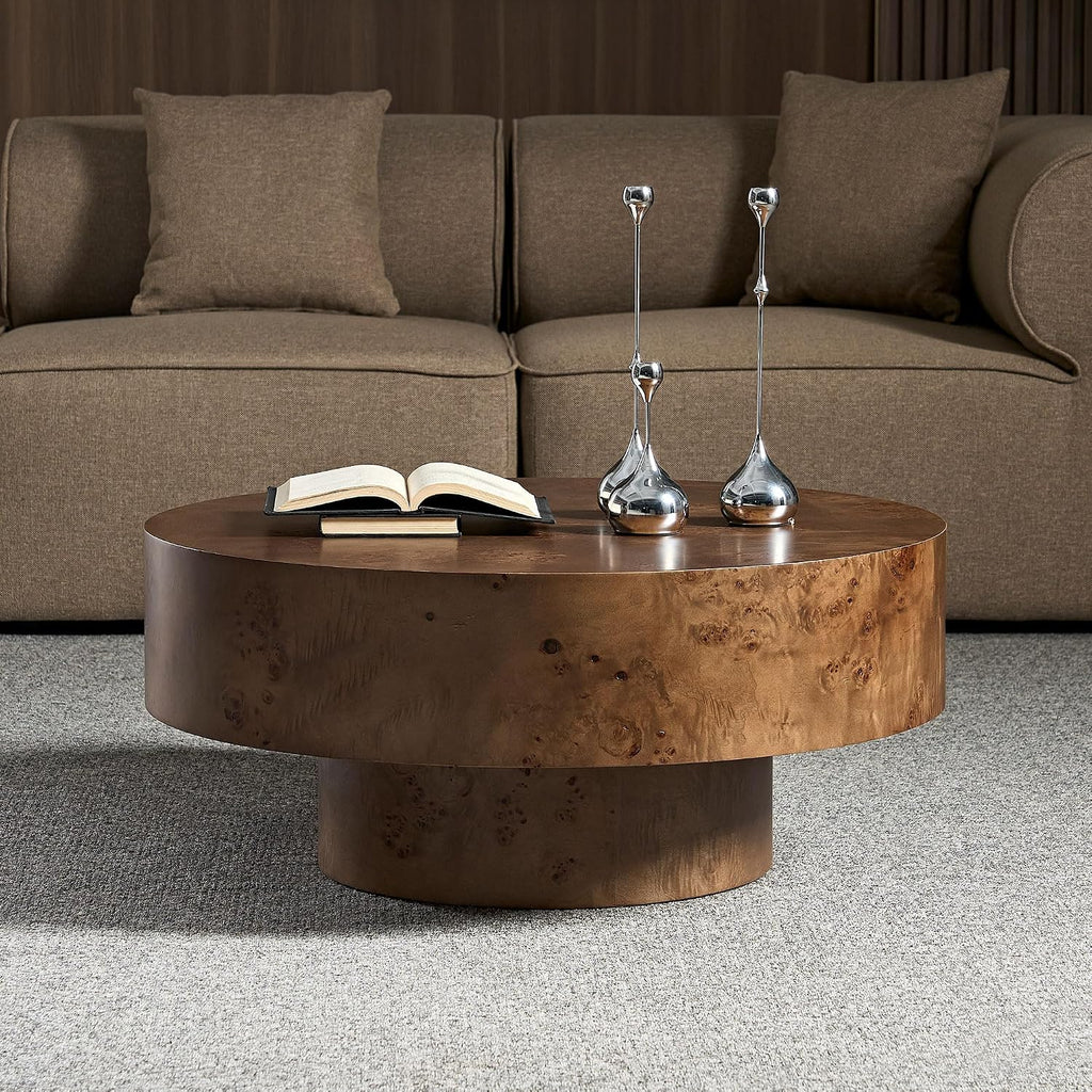 WILLIAMSPACE 31.49' Round Coffee Table with Burl Wood Veneer & Pedestal, Modern Wood Circle Drum Center Table for Living Room, Circular Accent Side End Table for Apartment, 13.77' H (Walnut Burl)