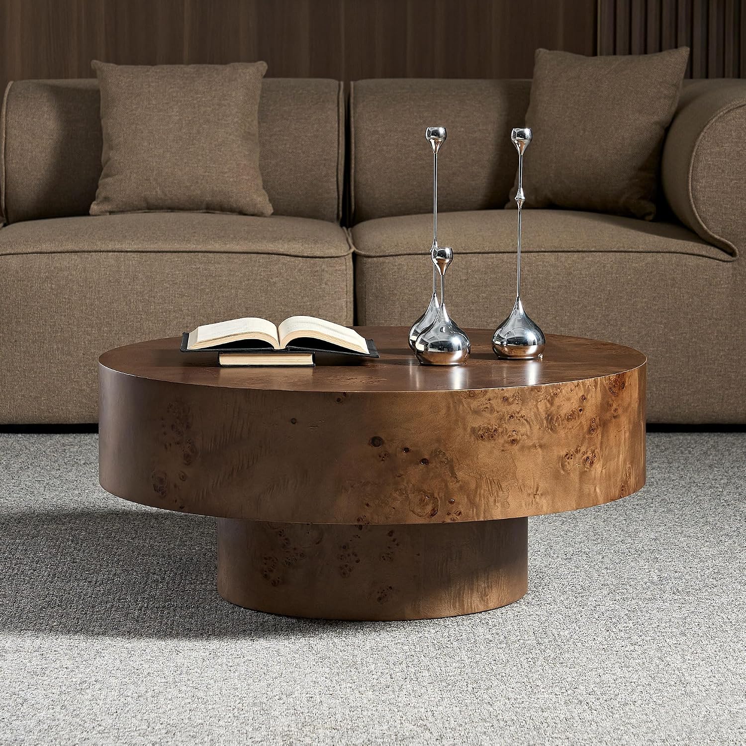 WILLIAMSPACE 31.49' Round Coffee Table with Burl Wood Veneer & Pedestal, Modern Wood Circle Drum Center Table for Living Room, Circular Accent Side End Table for Apartment, 13.77' H (Walnut Burl)