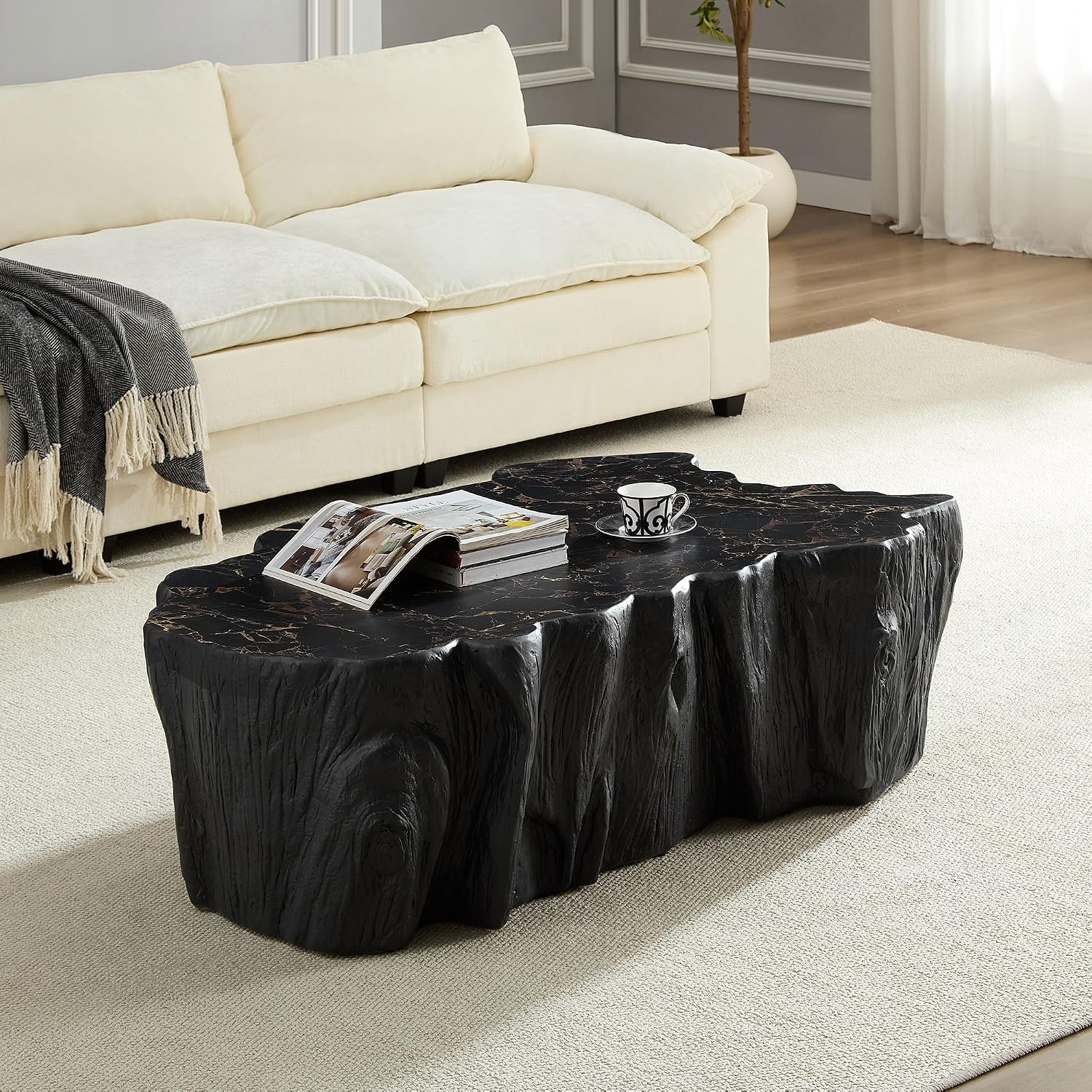 WILLIAMSPACE 48.62' Irregular Coffee Table with Tree Root Design for Living Room, Modern Luxury Fiberglass Center Table with Unique Shape, Accent End Tea Table for Apartment, No Need Assembly (Black)