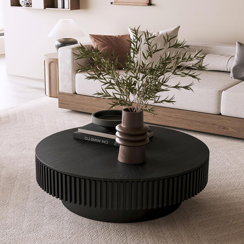 39' Round Coffee Table with Hidden Storage Compartment, Modern Handcraft Fluted Drum Coffee Table, Wooden Circle Center Table Cocktail Tea Table with Sturdy Pedestal for Living Room, Black
