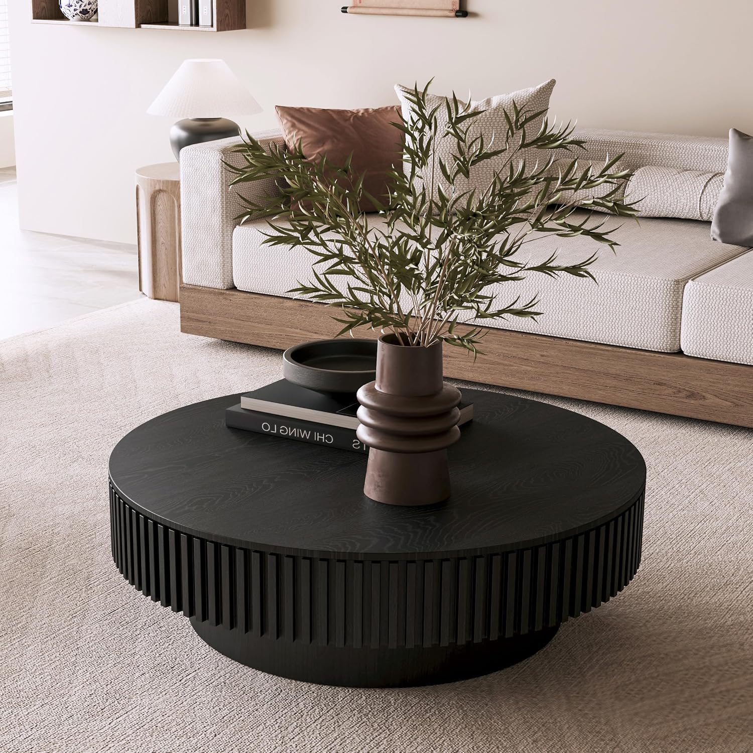 39' Round Coffee Table with Hidden Storage Compartment, Modern Handcraft Fluted Drum Coffee Table, Wooden Circle Center Table Cocktail Tea Table with Sturdy Pedestal for Living Room, Black