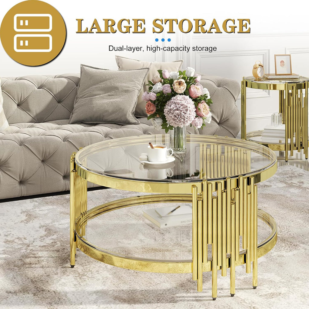 Round Glass Coffee Table Set of 3, Gold and Clear Modern Living Room Table Set, Includes 1 Coffee Table, 2 End Tables, Gold Stainless Steel Base Tempered Glass Top, Luxury Furniture for Home Office