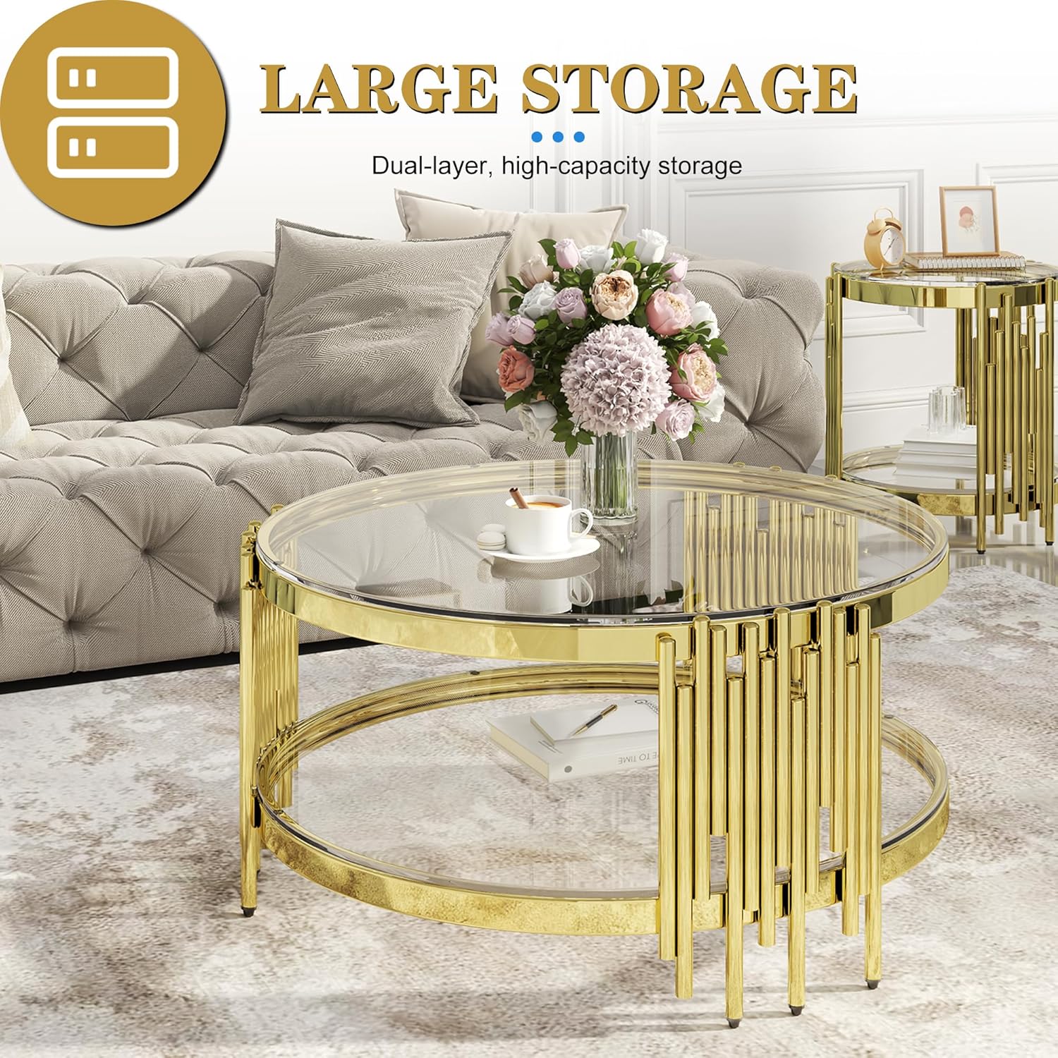 Round Glass Coffee Table Modern Living Room Table, 35.43' Gold Stainless Steel Leg Clear Tempered Glass, Circle Sofa Center Table Furniture for Home Apartment Office, Gold