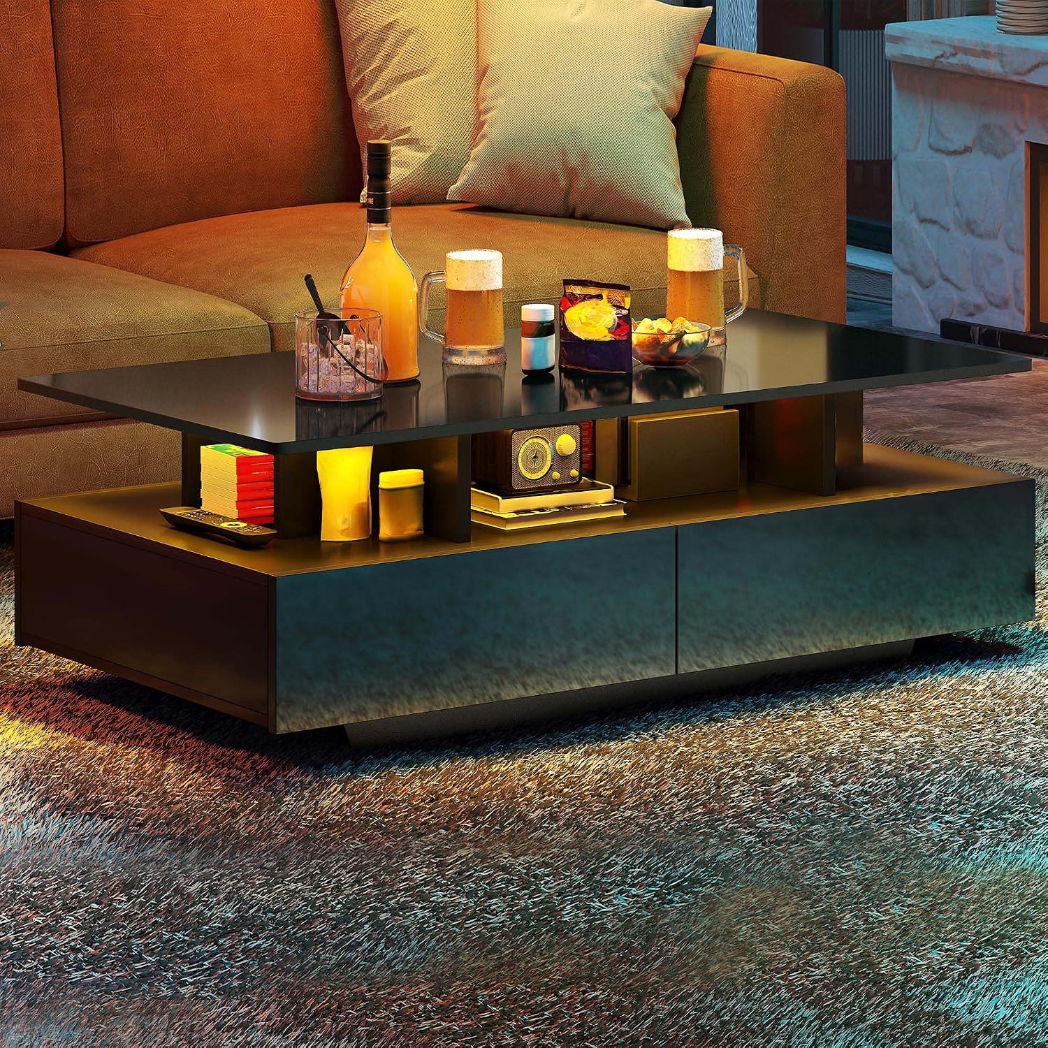 YITAHOME LED Coffee Table with Storage, High Glossy LED Coffee Tables for Living Room, Modern Black Rectangle Coffe Table, Small Center Table with Open Display Shelf & 4 Sliding Drawers, Glossy Black