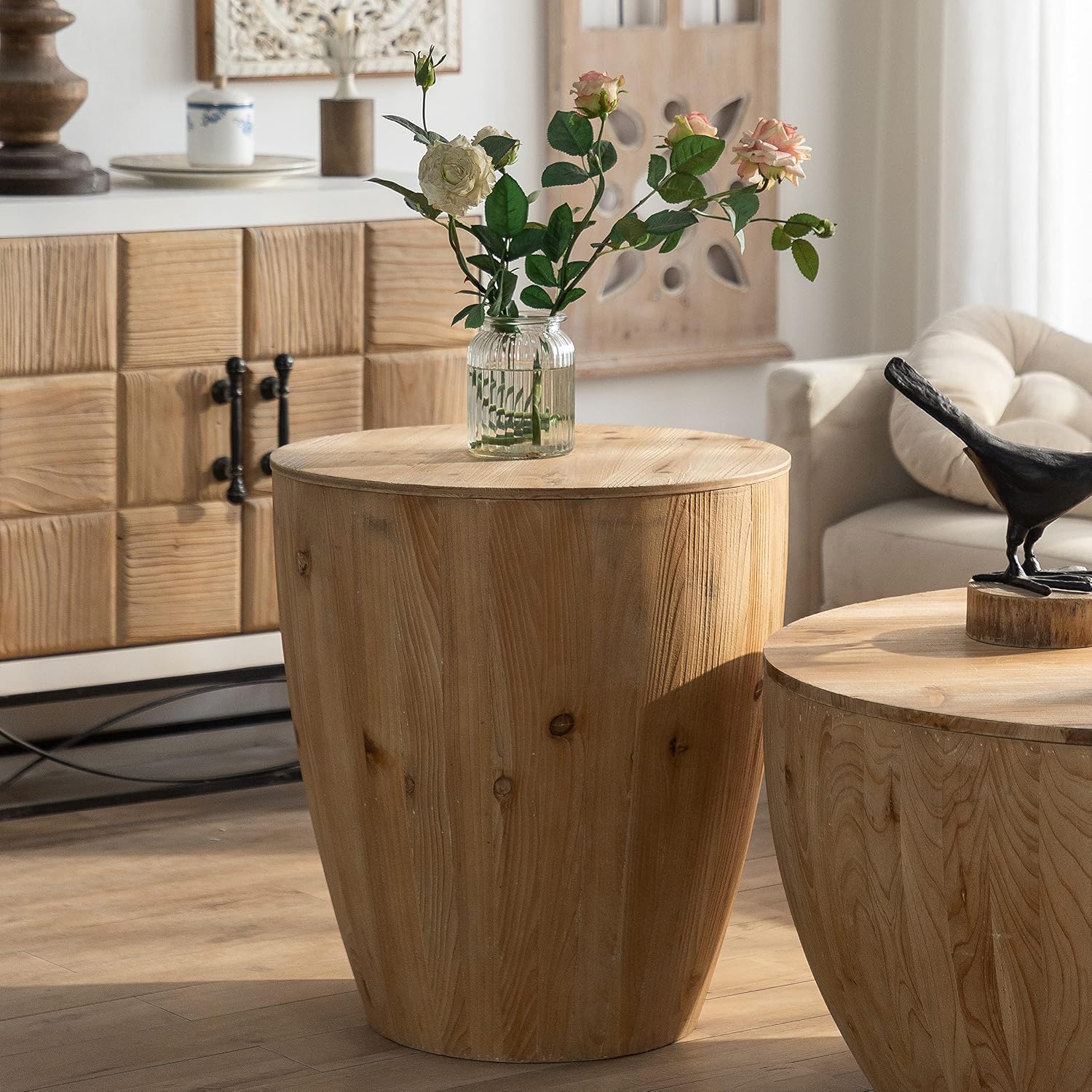 Wood Coffee Table End Table Side Table with Storage for Living Room, Modern Retro Farmhouse Round Bucket Drum Shaped Coffee Table for Apartment Office (ø21'' x 23.4'')