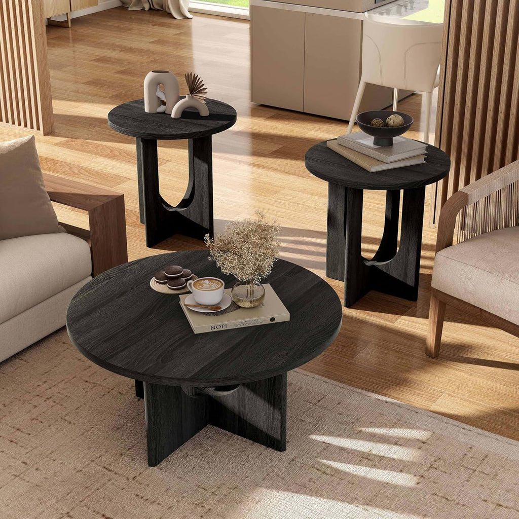 Furniture of America Ravyn Modern 3 Piece Round Coffee Table Set with Cutout Trestle Base, Living Room Set for Small Space, Home Office, Bedroom, Grey