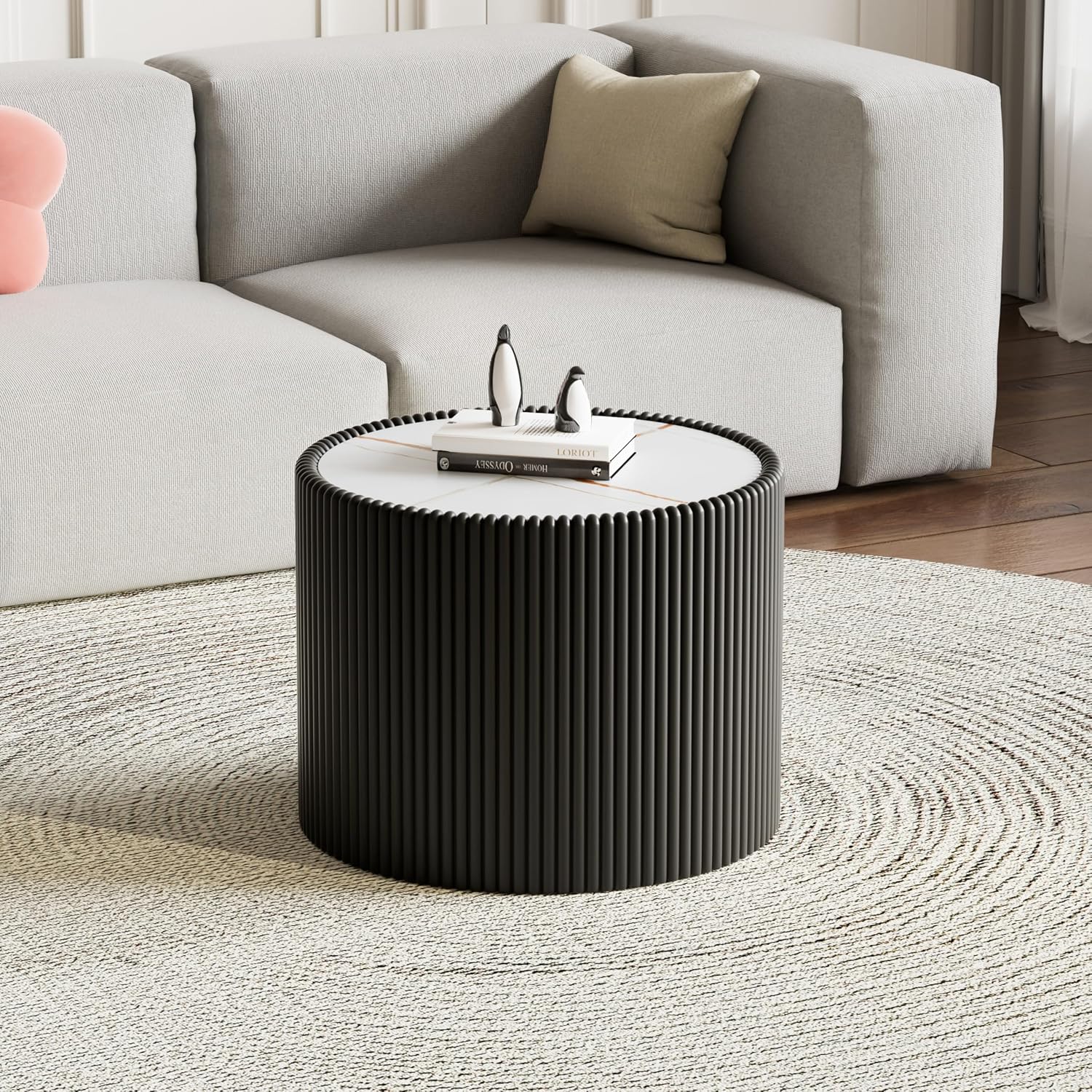 Modern Round Coffee Table Set of 2 Luxury Sintered Stone Top Coffee End Table in Black Leatherette Drum-Shape Small Coffee Side End Tables for Living Room,Fully Assembled