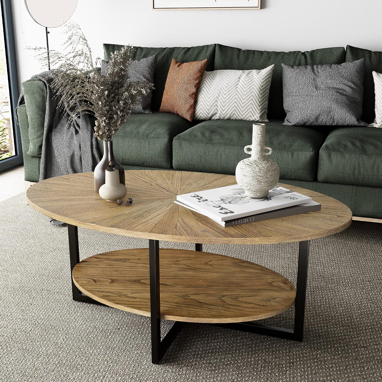 Solid Wood Oval Coffee Table with Cross Metal Legs, 43.3in Modern Industrail Center Table with Open Shelf Cocktail Tea Table for Living Room Bedroom, Rustic Nature 1811