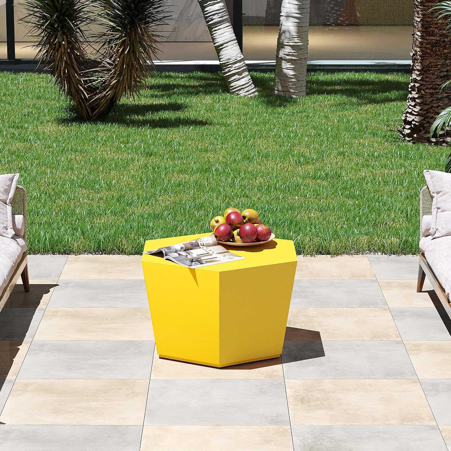 Patio Watcher 28' Modern Hexagon Coffee Table, Light Concrete Textured Center Table for Living Room, Accent Coffee Tea Table for Apartment, 28'×24'×15', No Assembly, Lemon Yellow