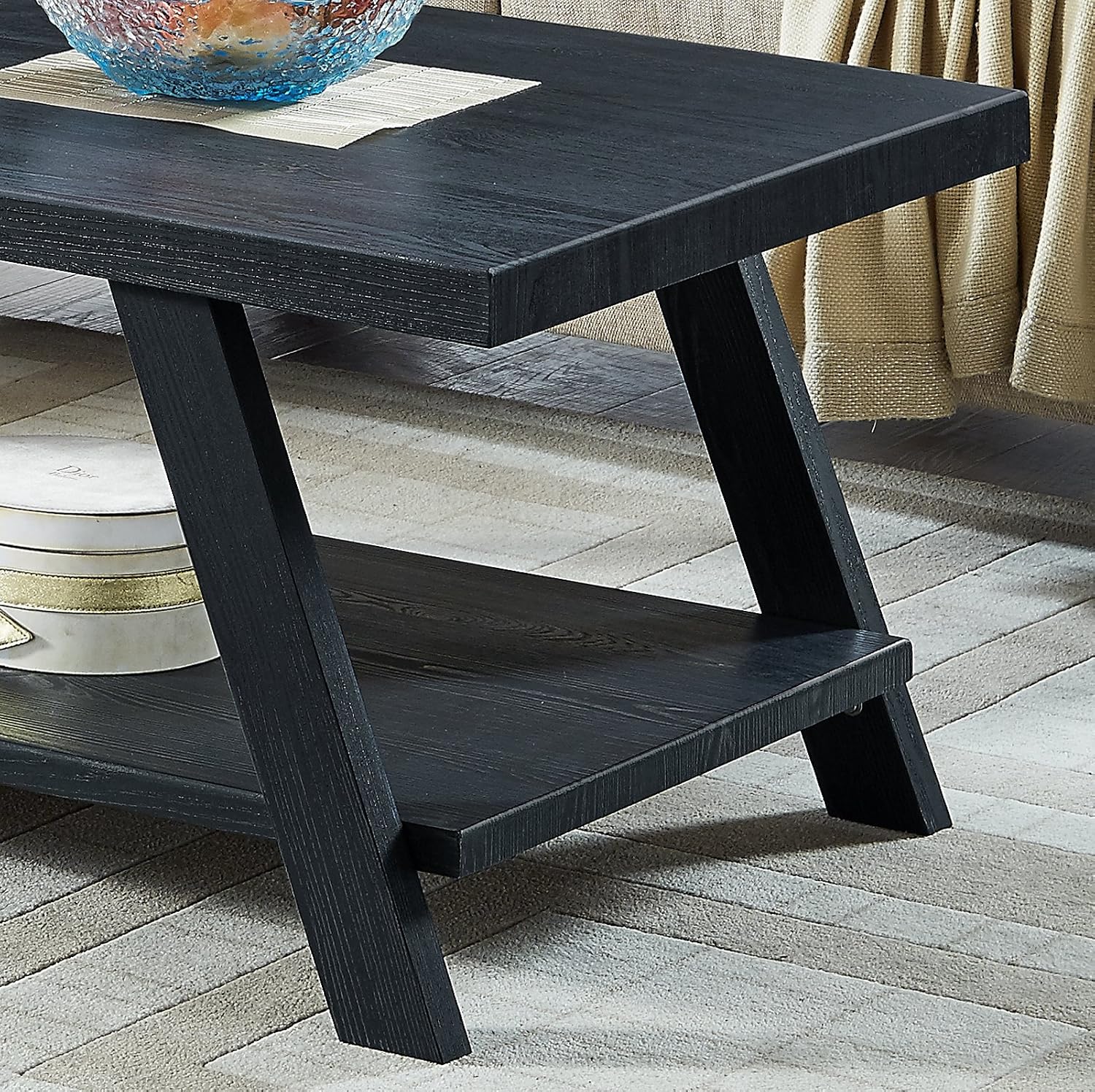 3-Piece Living Room Table Set, Coffee Table& Two End Tables, Side Table with Wood Storage Shelf for Living Room, Bedroom (Black, 48' L x 24' W x 19' H)