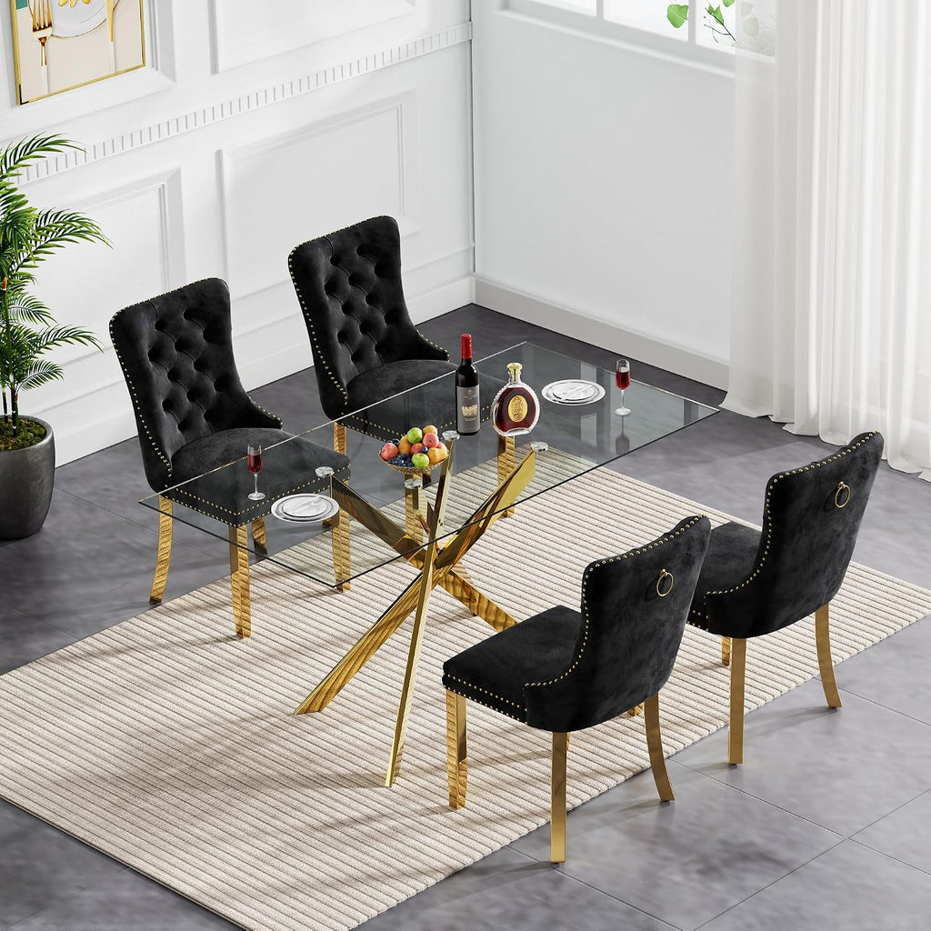 51' Modern Dining Table Set for 4, Rectangular Tempered Glass Dining Table and 4 Black Velvet Dining Chairs, Luxury 5 Piece Kitchen Dining Room Tables Set with Gold Chrome Metal X-Base