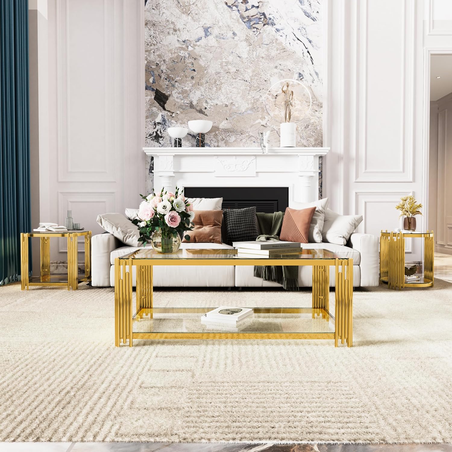 19.9'' Tempered Glass Side Tabel Square End for Living Room, 2-Tier Modern Accent Square Design, Transparent Mirror Tabletop & Metal Drum Base, Easy Assembly, Transparent & Gold