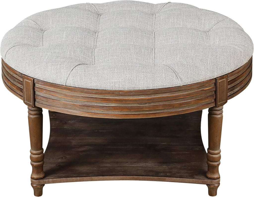 Large Round Storage Ottoman Coffee Table, 2 Tier Modern Upholstered Ottoman Footstool with Storage Shelf Tufted Linen Farmhouse Circle Coffee Table for Living Room (Grey)