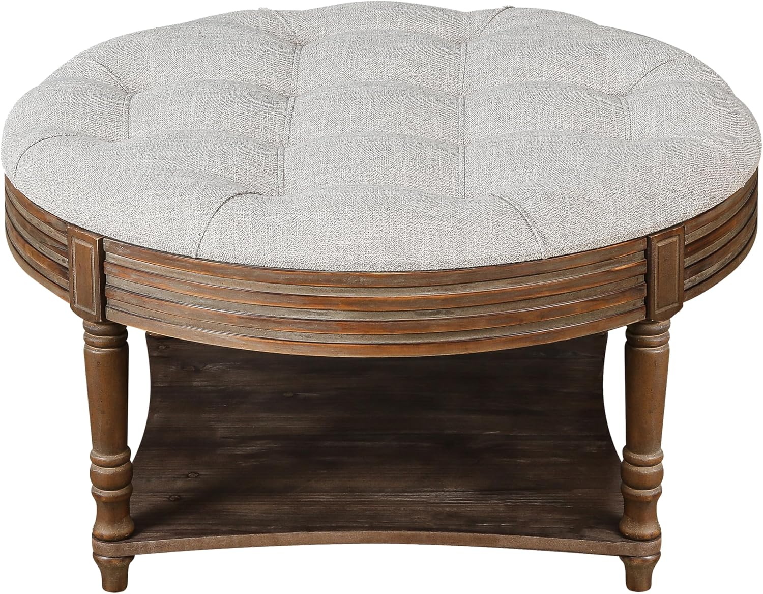Large Round Storage Ottoman Coffee Table, 2 Tier Modern Upholstered Ottoman Footstool with Storage Shelf Tufted Linen Farmhouse Circle Coffee Table for Living Room (Grey)