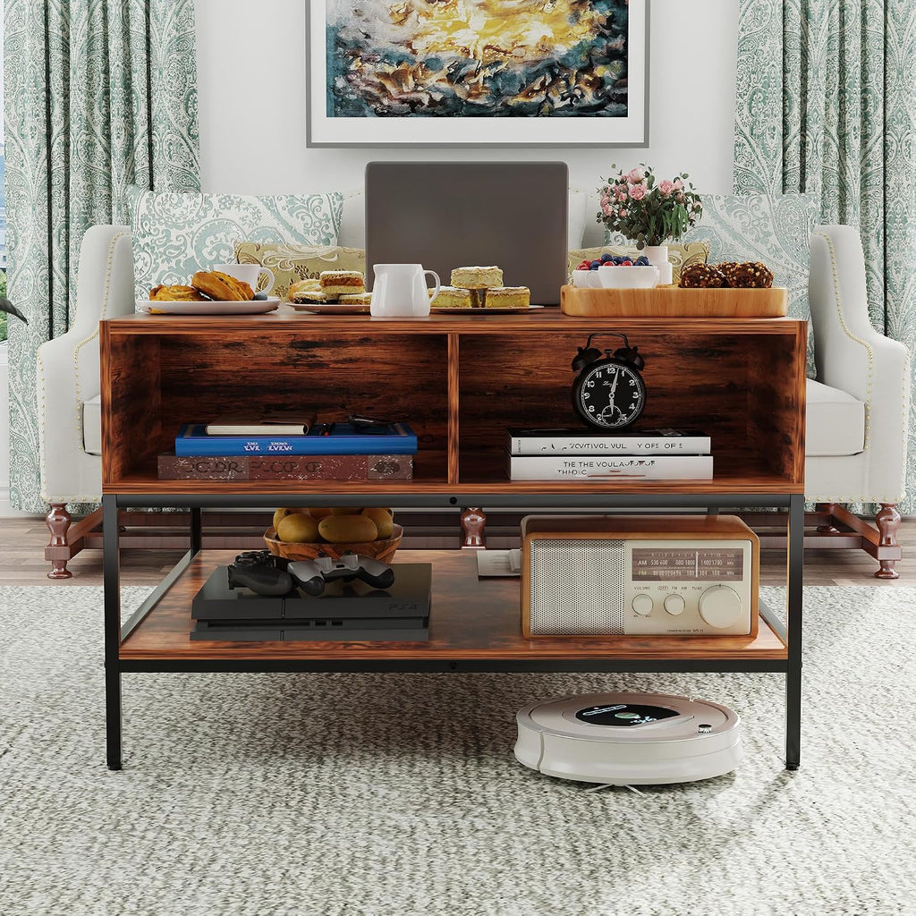 KEIKI 31.5' Flip-Top Coffee Table with Storage, Lift-Top Table, Dark Walnut & Black Metal, Farmhouse Modern Rectangular Living Room Table with Hidden Compartment & Open Shelves, Black