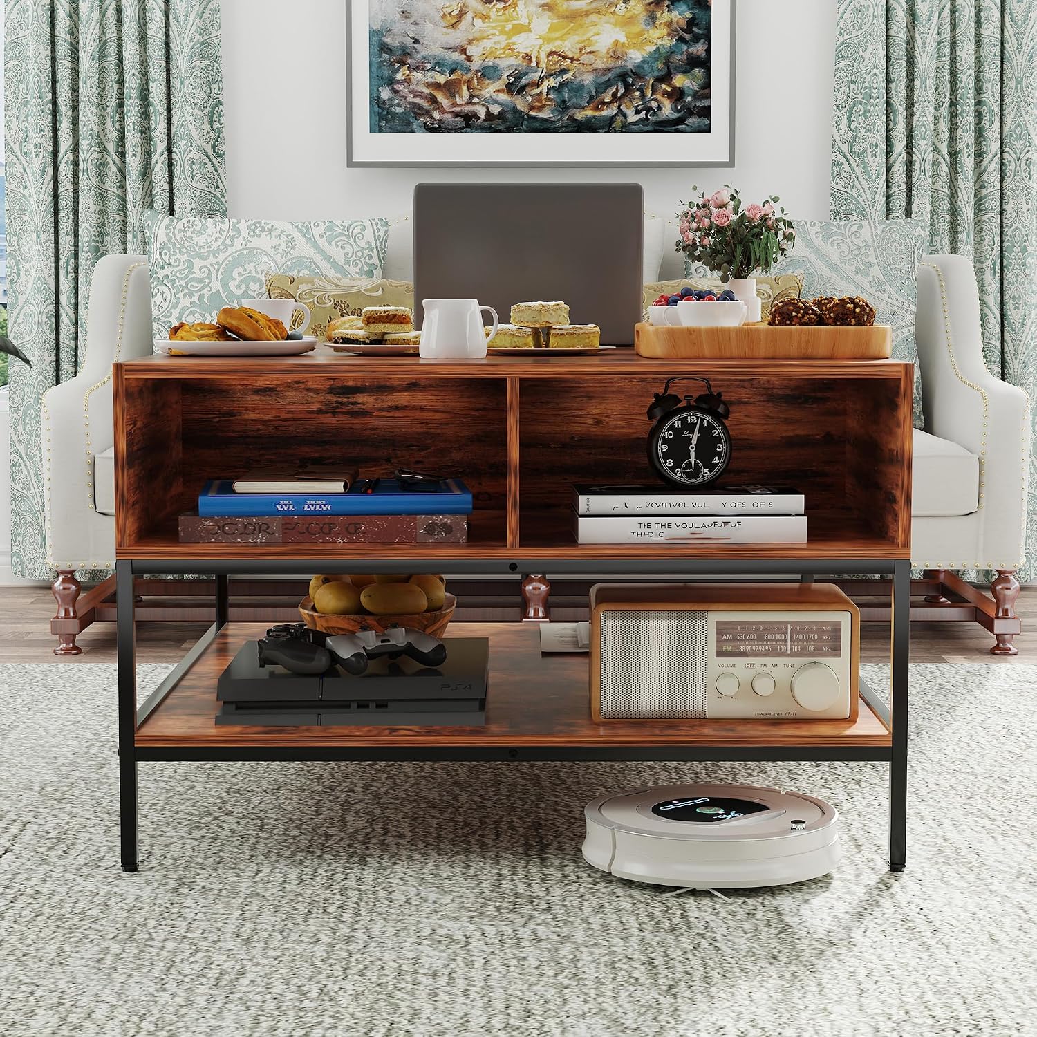 KEIKI 31.5' Flip-Top Coffee Table with Storage, Lift-Top Table, Dark Walnut & Black Metal, Farmhouse Modern Rectangular Living Room Table with Hidden Compartment & Open Shelves, Black