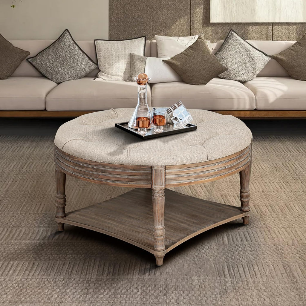 31.49'' Round Coffee Table with Storage Space, 2-Tier Modern Wood Circle Coffee Table for Living Room, Moveable Table Top & Easy Assembly & Waterproof Upholstered Linen, Khaki & Wood