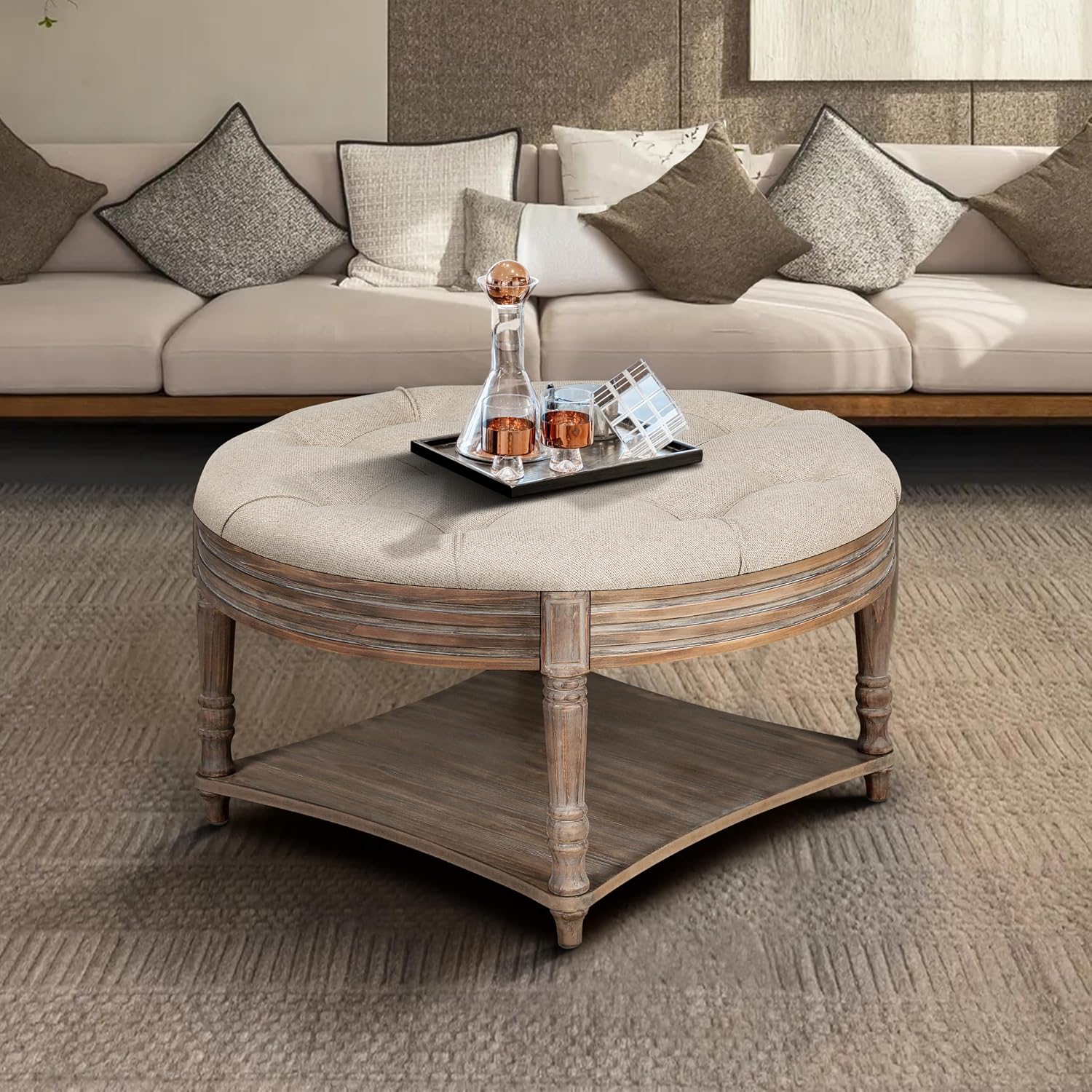 31.49'' Round Coffee Table with Storage Space, 2-Tier Modern Wood Circle Coffee Table for Living Room, Moveable Table Top & Easy Assembly & Waterproof Upholstered Linen, Khaki & Wood