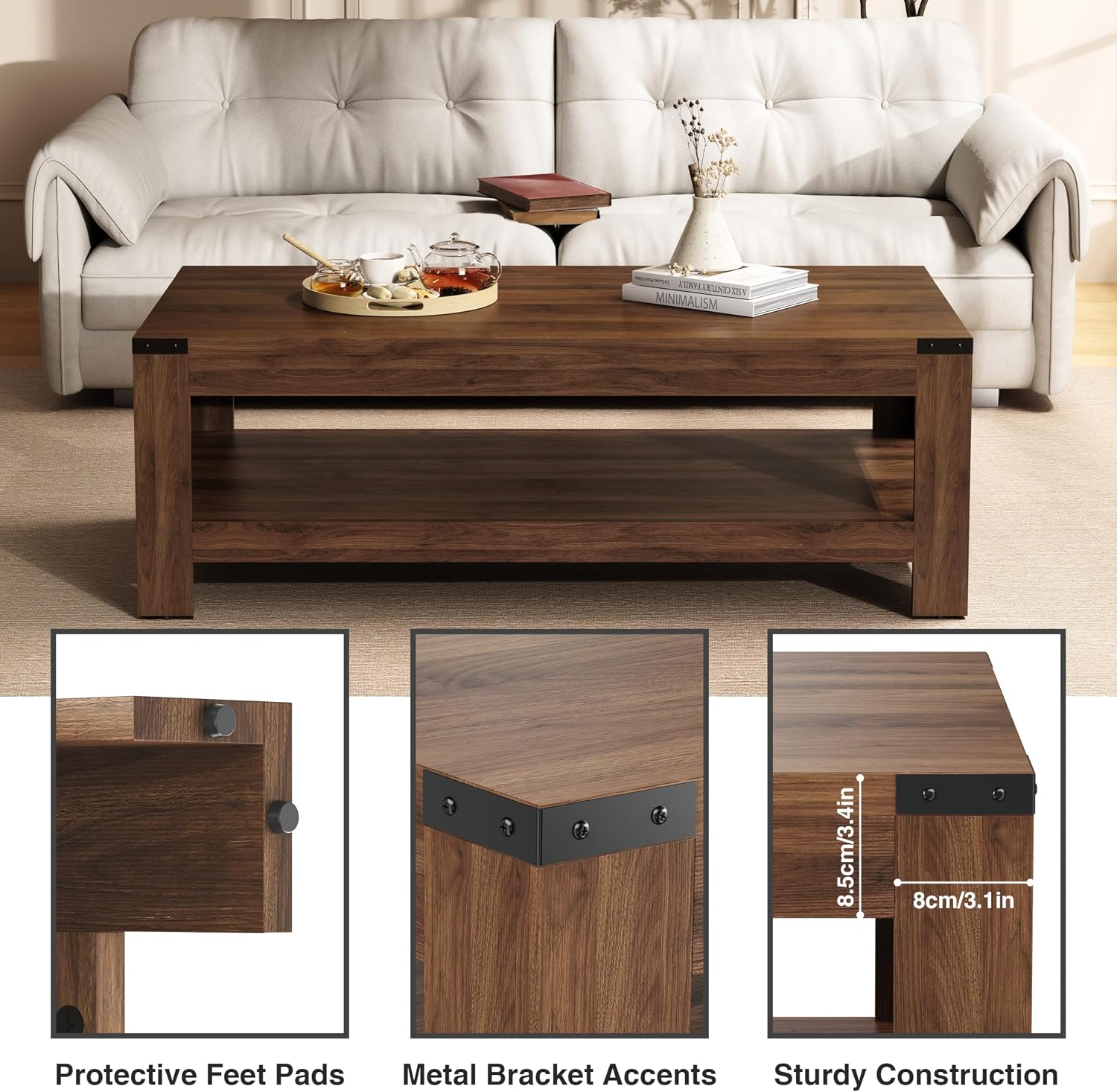 Farmhouse Coffee Table 47.2'', 2-Tier Coffee Table with Storage for Living Room, Modern Rustic Wooden Center Table, Cocktail Tea Table, Easy Assembly