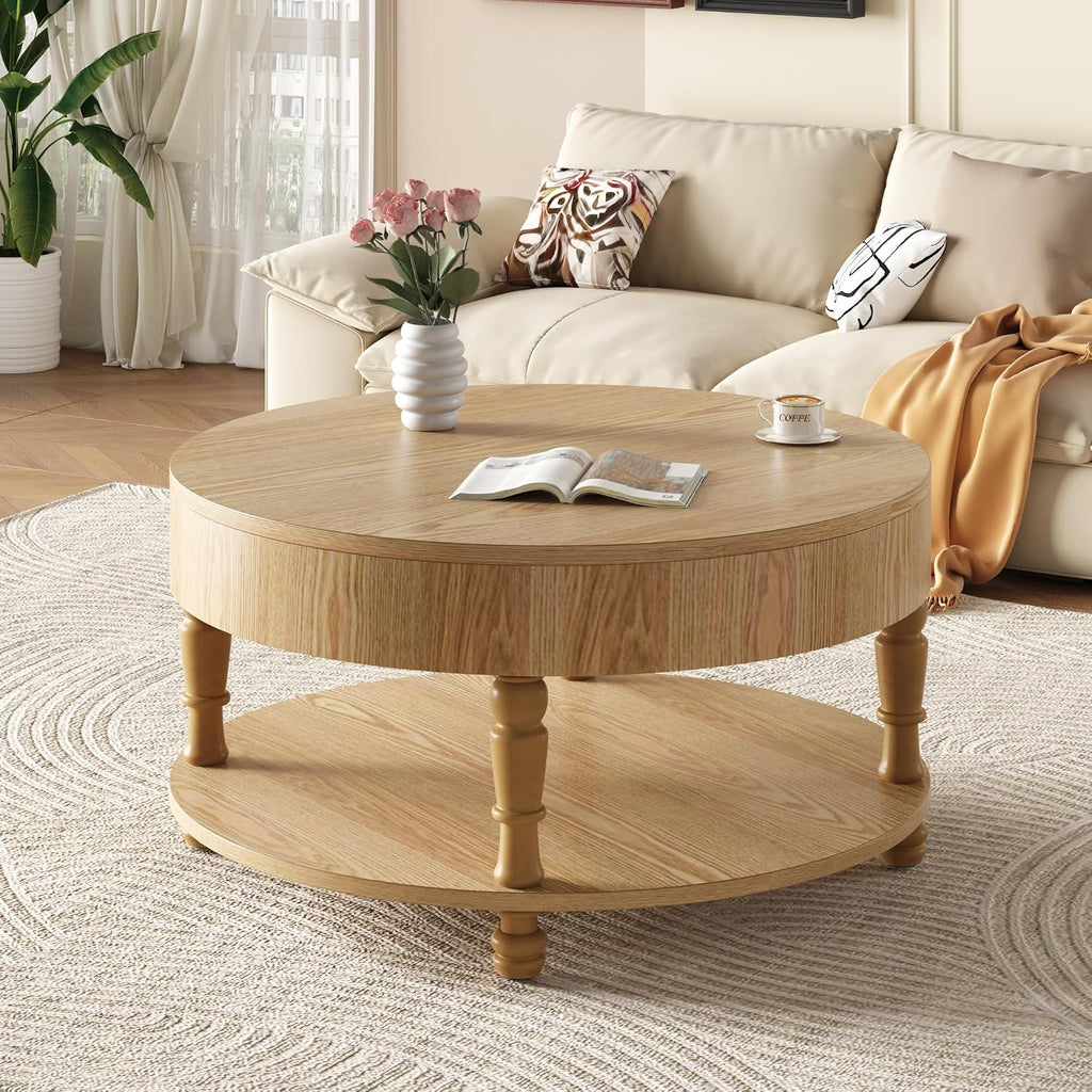 31.5'' Round Coffee Table with Storage Space, 2-Tier Modern Rustic Wood Circle Coffee Table for Living Room, Moveable Table Top & Easy Assembly, Natural
