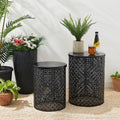 Glitzhome Accent Tables Living Room Set of 2, Round Metal Side End Table, Small Circle Coffee Bedside Table, Planter Stand for Couch Nightstand Bedroom Patio Backyard, Glossy Black