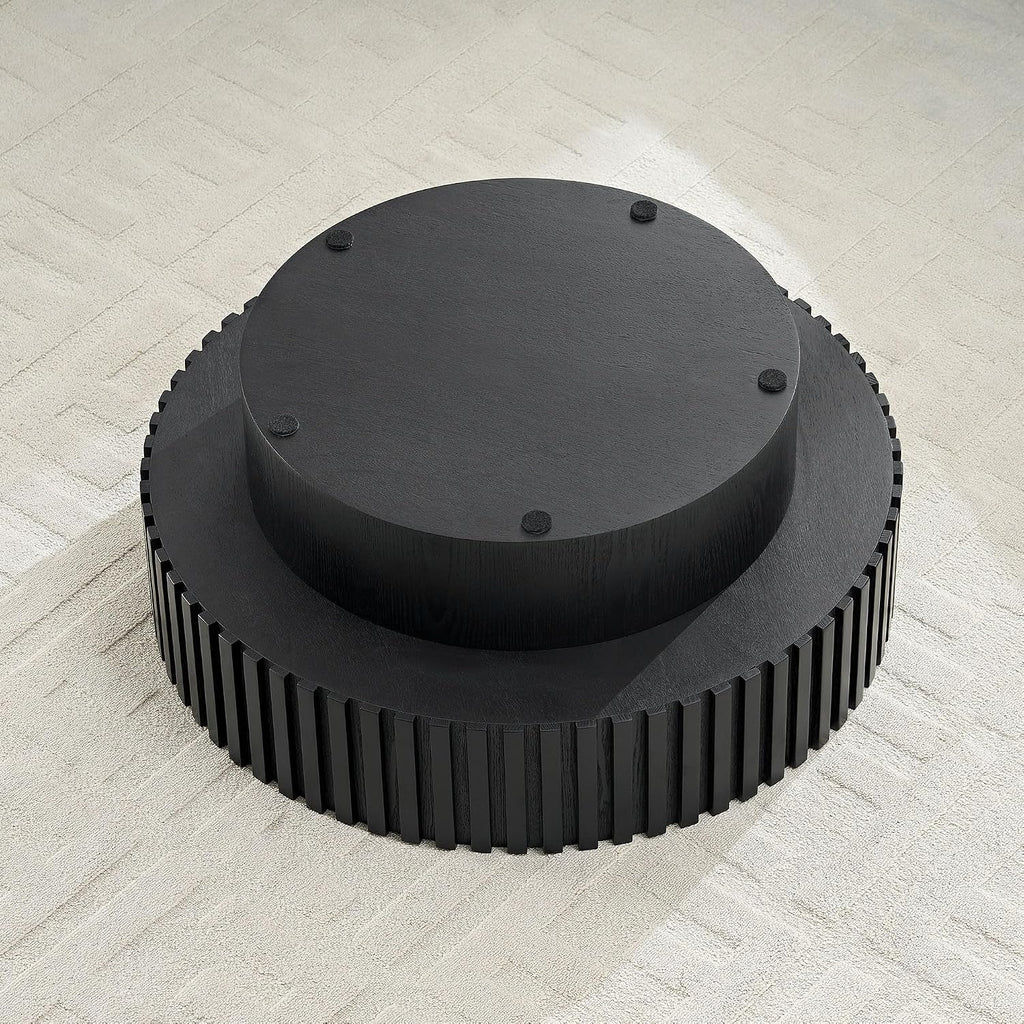 31.49'' Round Coffee Table Modern Wood Coffee Table with Storage for Living Room, Circle Fluted Drum Pedestal Style, Easy Assembly, Black