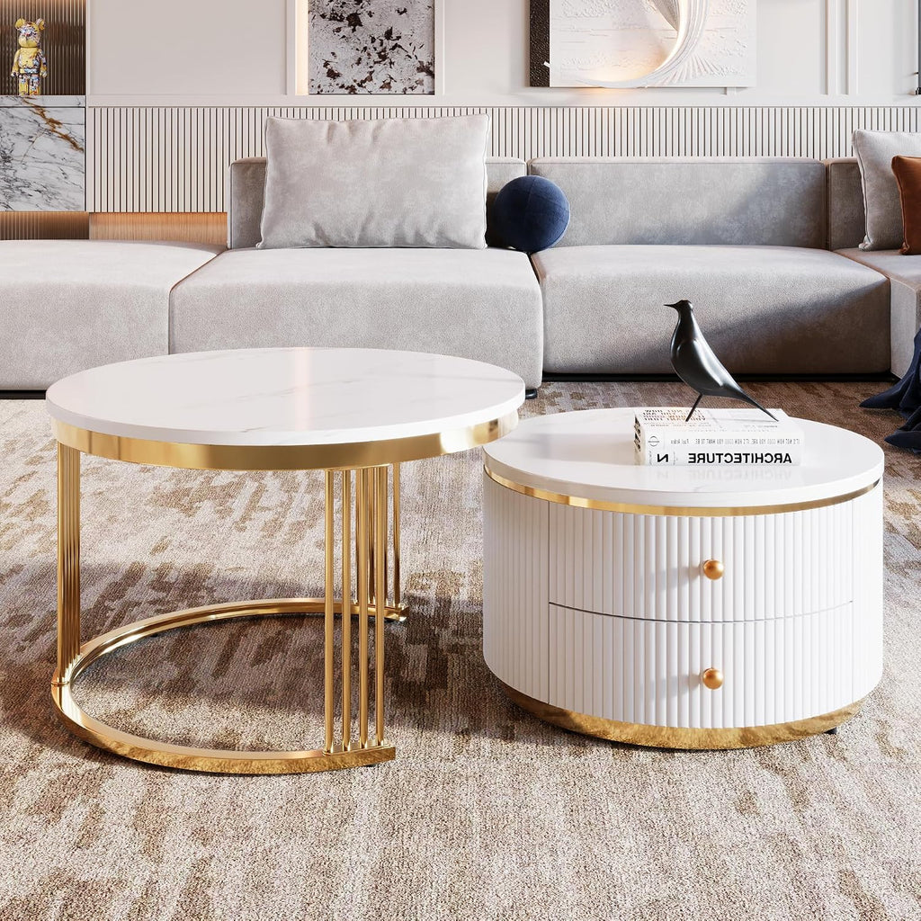 Merax 2 Pieces Modern Round Nesting Coffee Table with 2 Drawers, for Living Room, Small Space, Apartment, Gold+White