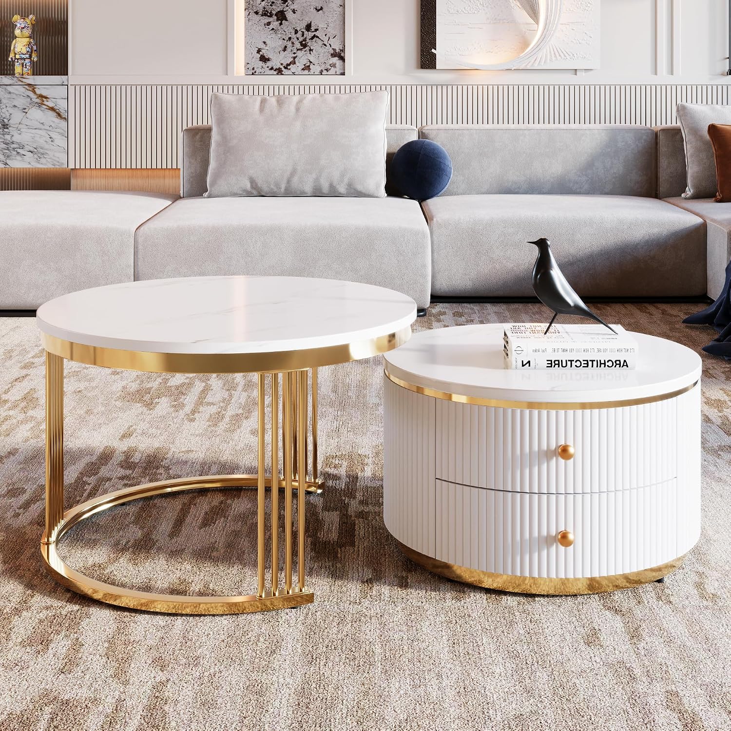 Merax 2 Pieces Modern Round Nesting Coffee Table with 2 Drawers, for Living Room, Small Space, Apartment, Gold+White