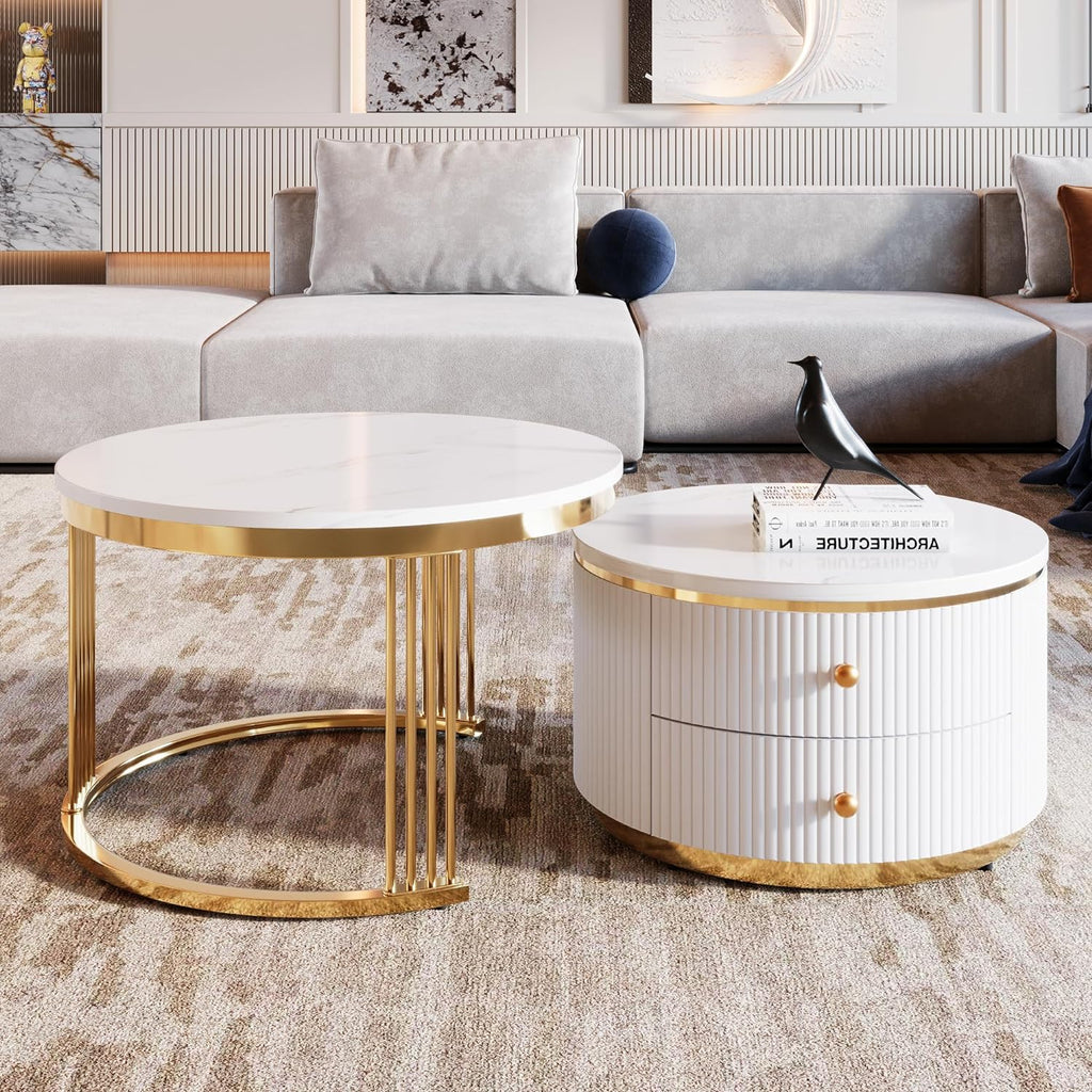 27.6' Modern 2 Pieces Round Nesting Coffee Table with Drawers,White