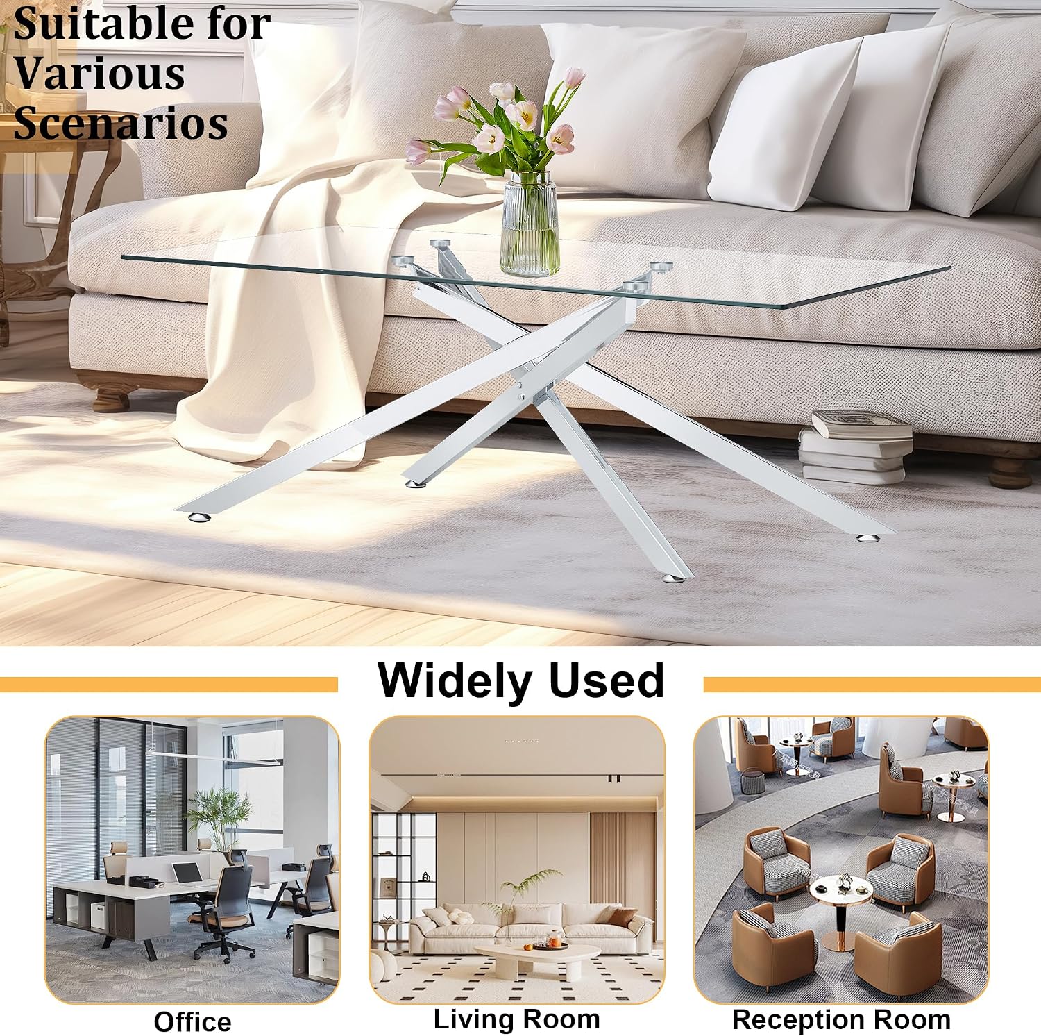 Glass Coffee Table Set of 3, Modern Glass Coffee Table with 2 Square Side Tables,3 Piece Living Room Table Set with Clear Tempered Glass Tabletop & Silver Metal Legs for Apartment Home Office