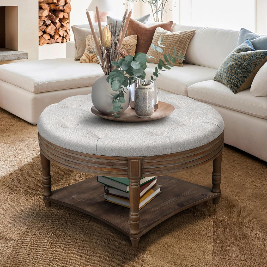 Large Round Storage Ottoman Coffee Table, 2 Tier Modern Upholstered Ottoman Footstool with Storage Shelf Tufted Linen Farmhouse Circle Coffee Table for Living Room (Grey)