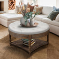 Large Round Storage Ottoman Coffee Table, 2 Tier Modern Upholstered Ottoman Footstool with Storage Shelf Tufted Linen Farmhouse Circle Coffee Table for Living Room (Grey)