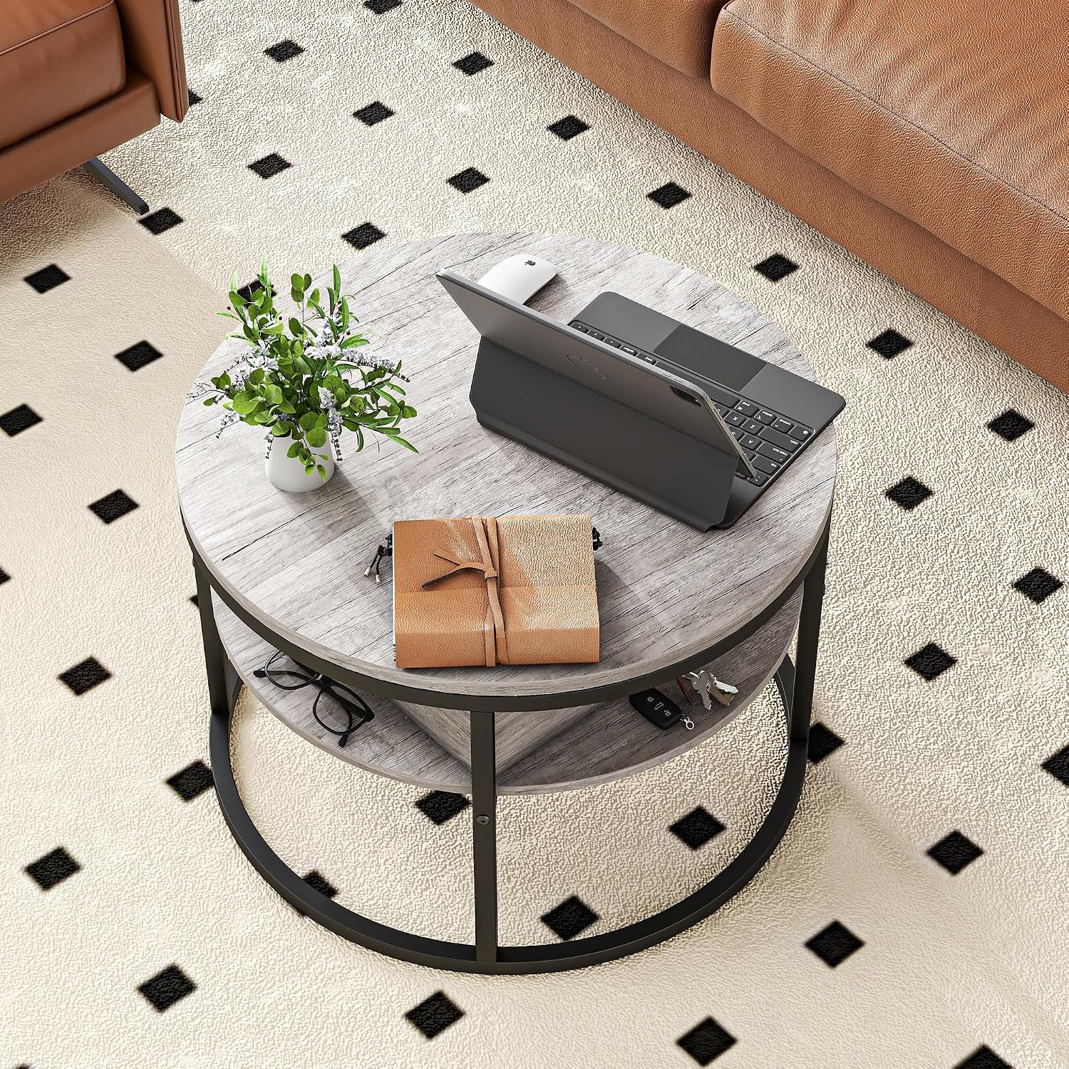 Round Coffee Table with Storage,Lift Top Coffee Table for Living Room Reception Room,2 Tier Small Round Table Dining Center,Grey