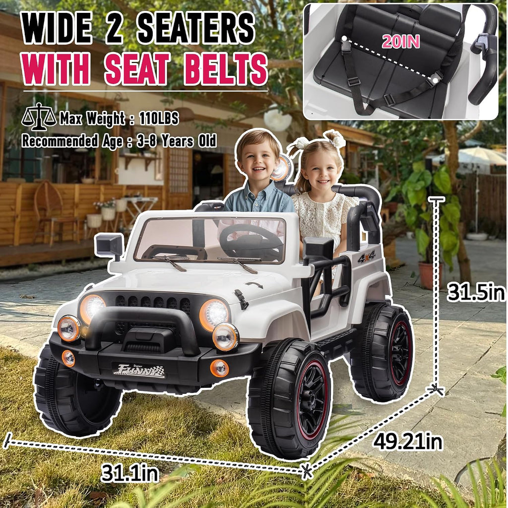 24V XL Kids Electric Ride on Truck Car 2 Seater Remote Control for Toddlers 2-8, 160W 2 Motors 5MPH Max Speed, Bluetooth USB Music Player, LED Lights Safety Belt, Gift for Boys Girls, White