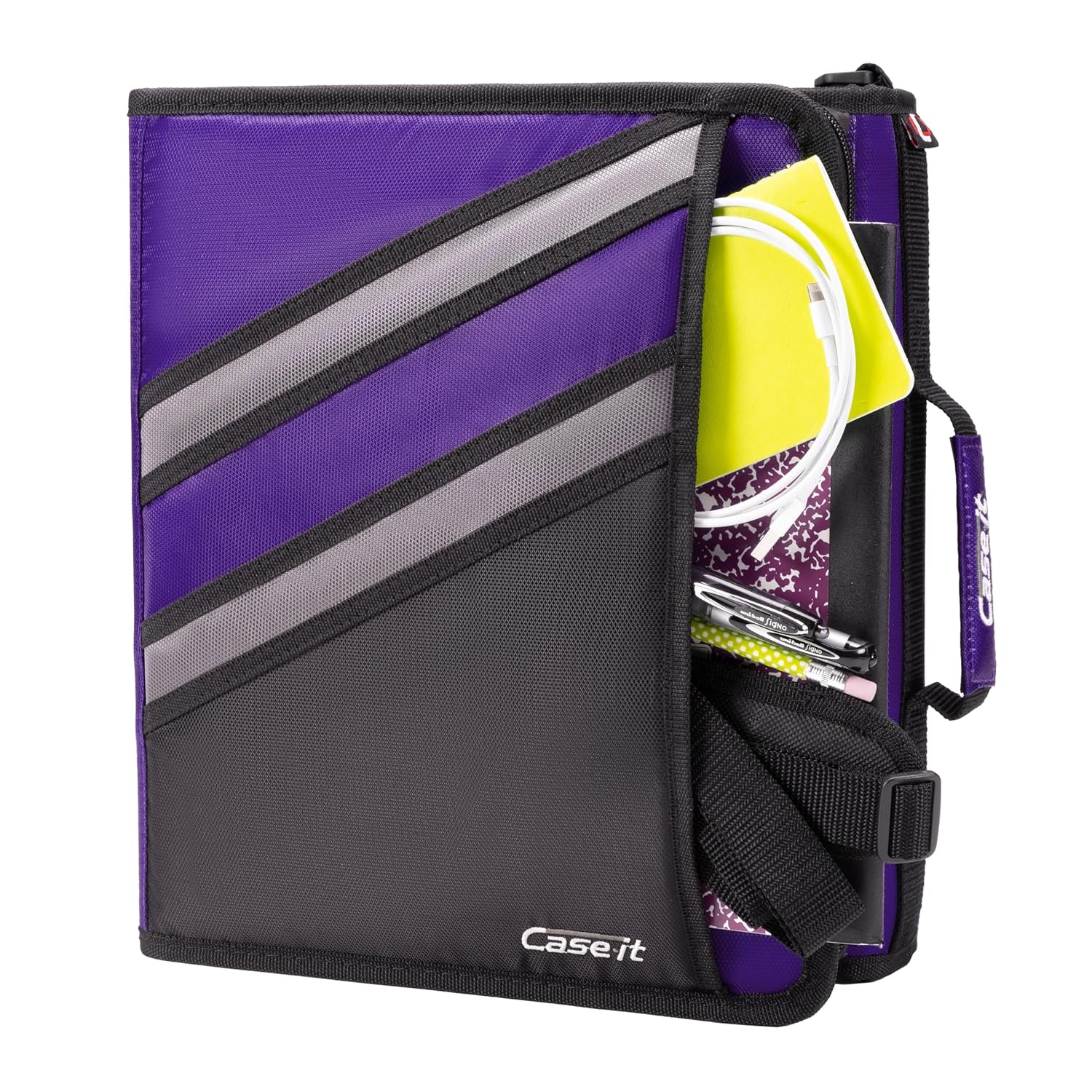 Case-it The Z Shape Zipper 6 Piece Casepack - Two s in One - Double Sided 1.5 Inch D-Ring - Multiple Pockets - 500 Page Capacity - Comes with Shoulder Strap, Deep Purple, Z-176, 6 Piece casepack